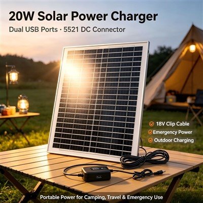 20W слънчево зарядно устройство с два USB порта 5521 DC конектор и 18V кабел с щипка за аварийно захранване